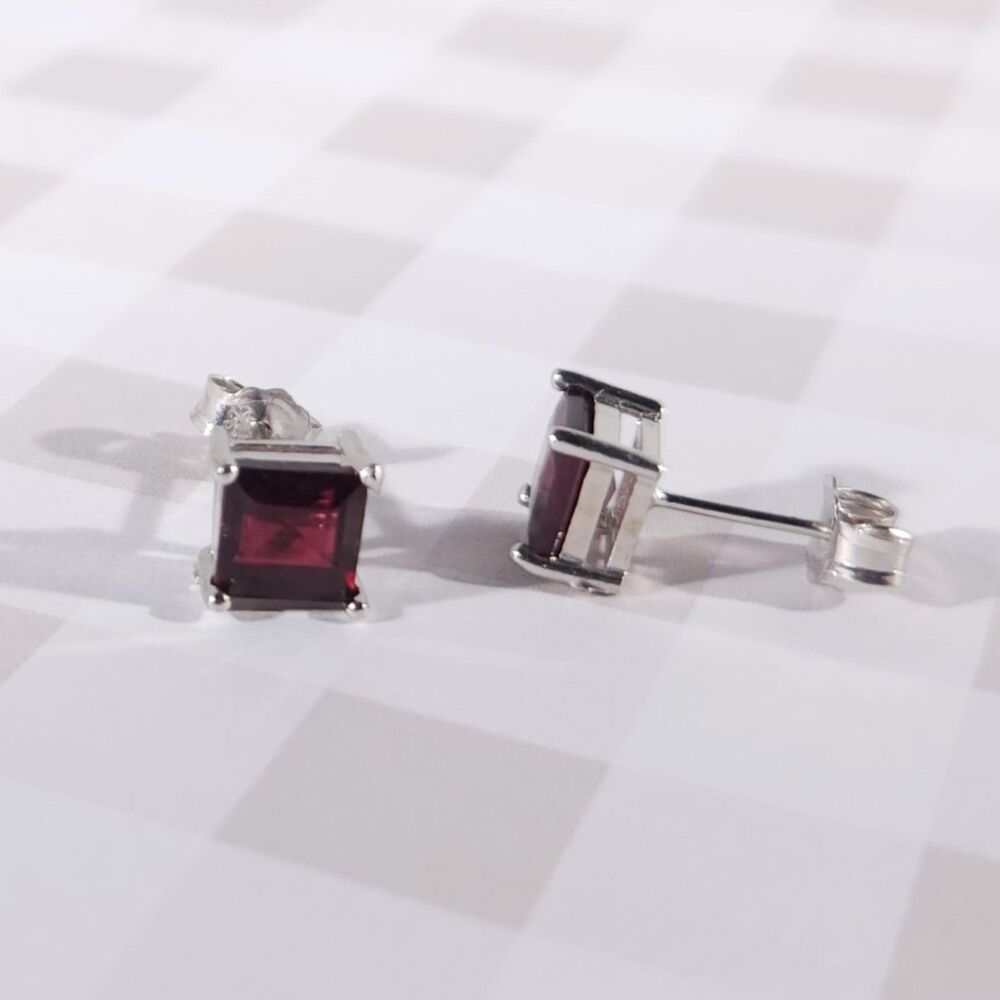 Garnet 6mm Square Post Earrings Sterling Silver - Picture 3 of 4
